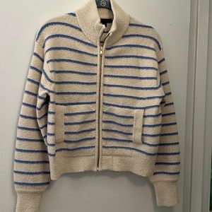 J.Crew Boucle Cream and Blue Zip Up Cardigan with Gold Hardware Size Small
